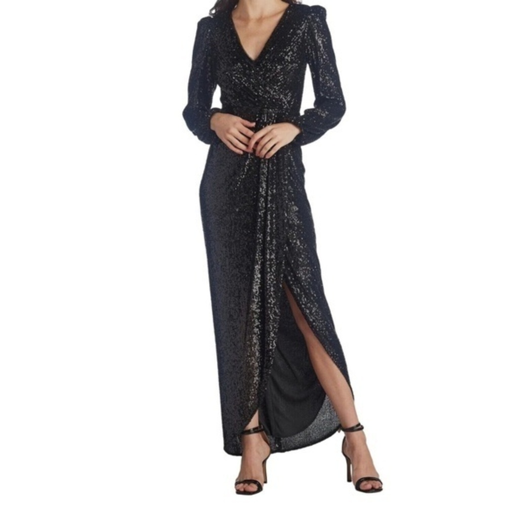 Xscape |‎ Black Sequin Long Sleeve Surplus Evening Dress Gown.